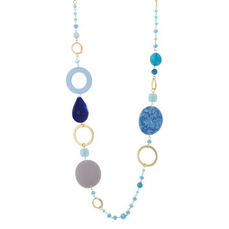 Long Necklace - Metal Resin Discs Blue