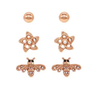 Trio Earring Set - Ball / Flower / Bee Rose Gold