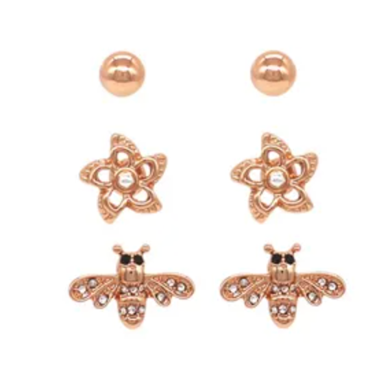Trio Earring Set - Ball / Flower / Bee Rose Gold