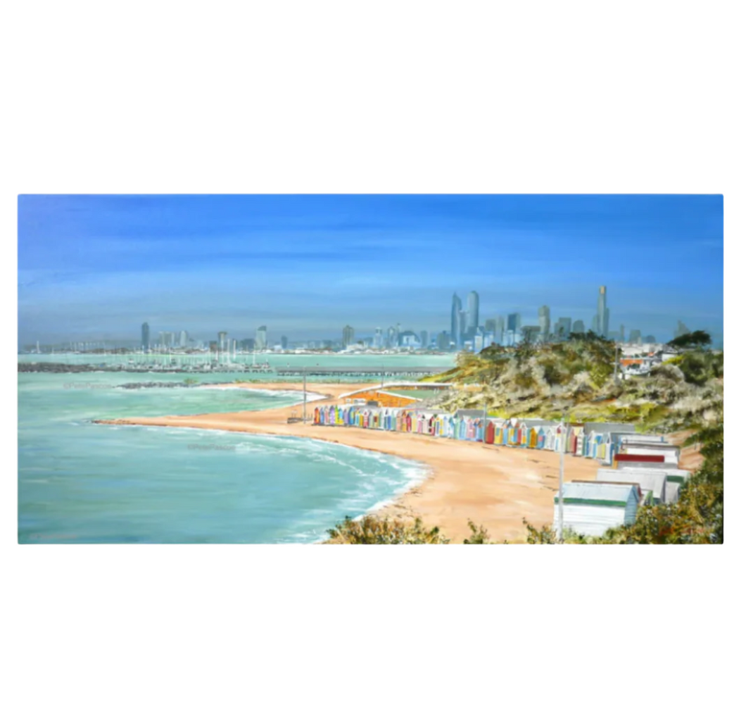 Pete Pascoe Print 45 - Brighton Boxes, Melbourne Skyline