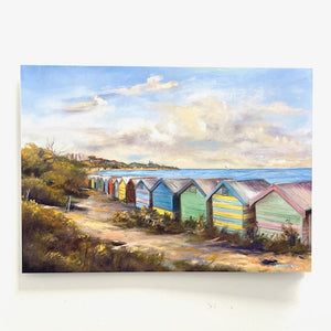 Helen McKie Card - Bright Bathing Boxes, Brighton