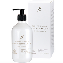 Load image into Gallery viewer, White Lotus Geranium Leaf + Bergamot Hand &amp; Body Lotion 500ml
