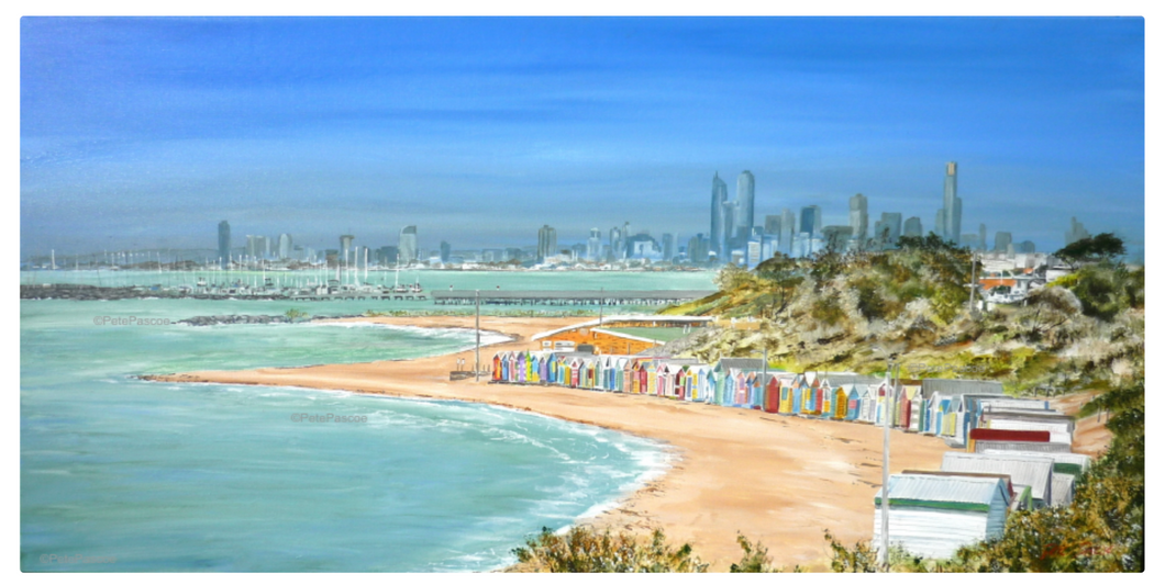 Pete Pascoe Print 45 - Brighton Boxes, Melbourne Skyline